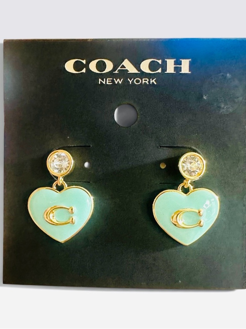 NWT Coach Heart Drop Earrings Light Green Enamel Gold C Logo on Earring Card - Picture 4 of 9